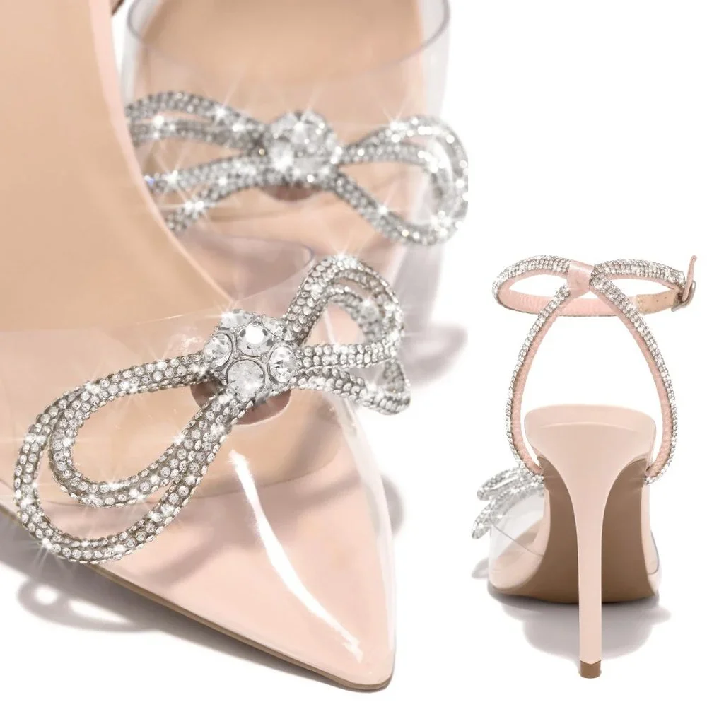 NEW Blush Nude Clear Transparent Rhinestone Bow Ankle Strap Pointy Toe Pump Heel - Picture 5 of 12